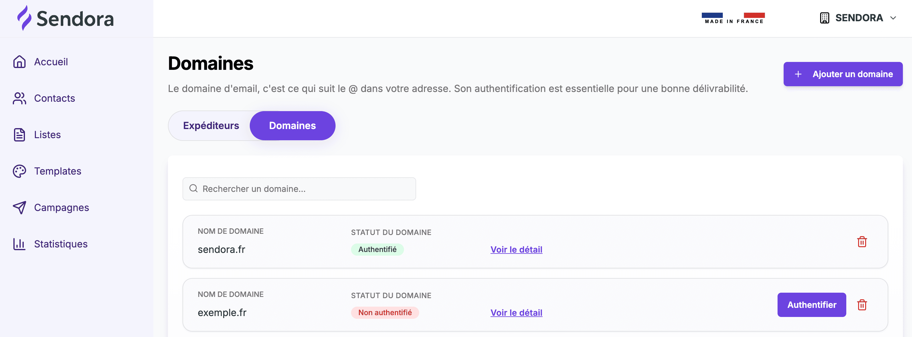 Sendora Domains page with the Authenticate button
