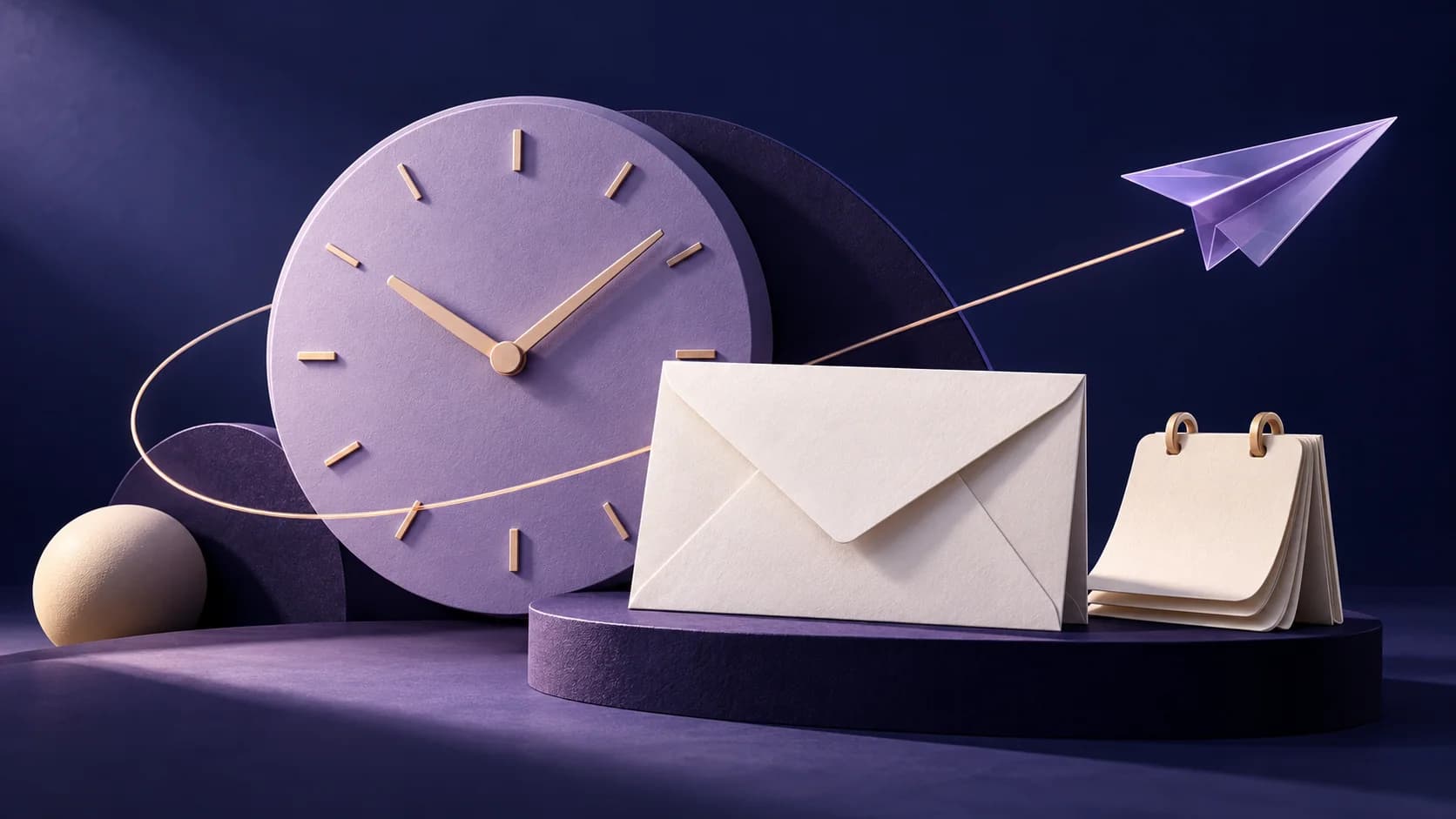 Entrepreneuse préparant l’envoi de sa newsletter avec un calendrier et une horloge