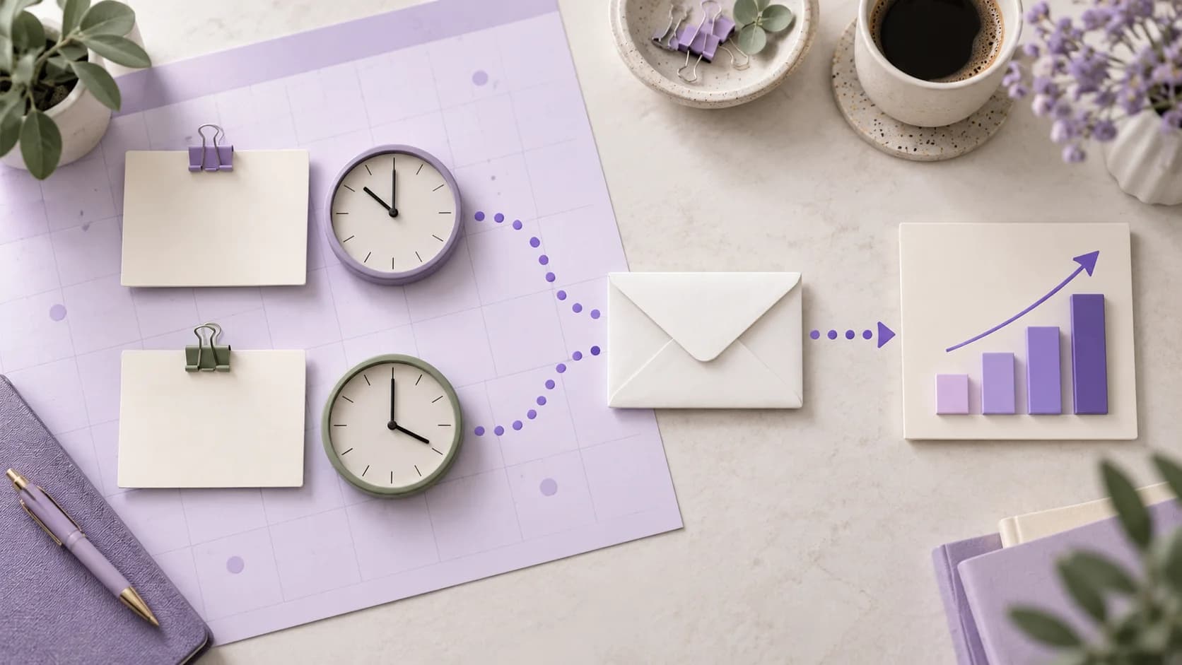 Calendrier et horloges illustrant un test de créneaux d’envoi pour une newsletter