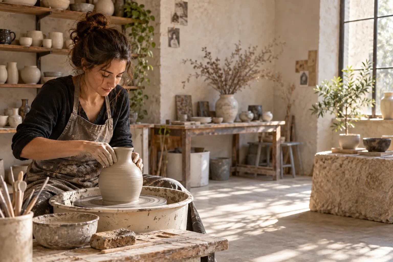 Artisane indépendante travaillant dans son atelier de céramique