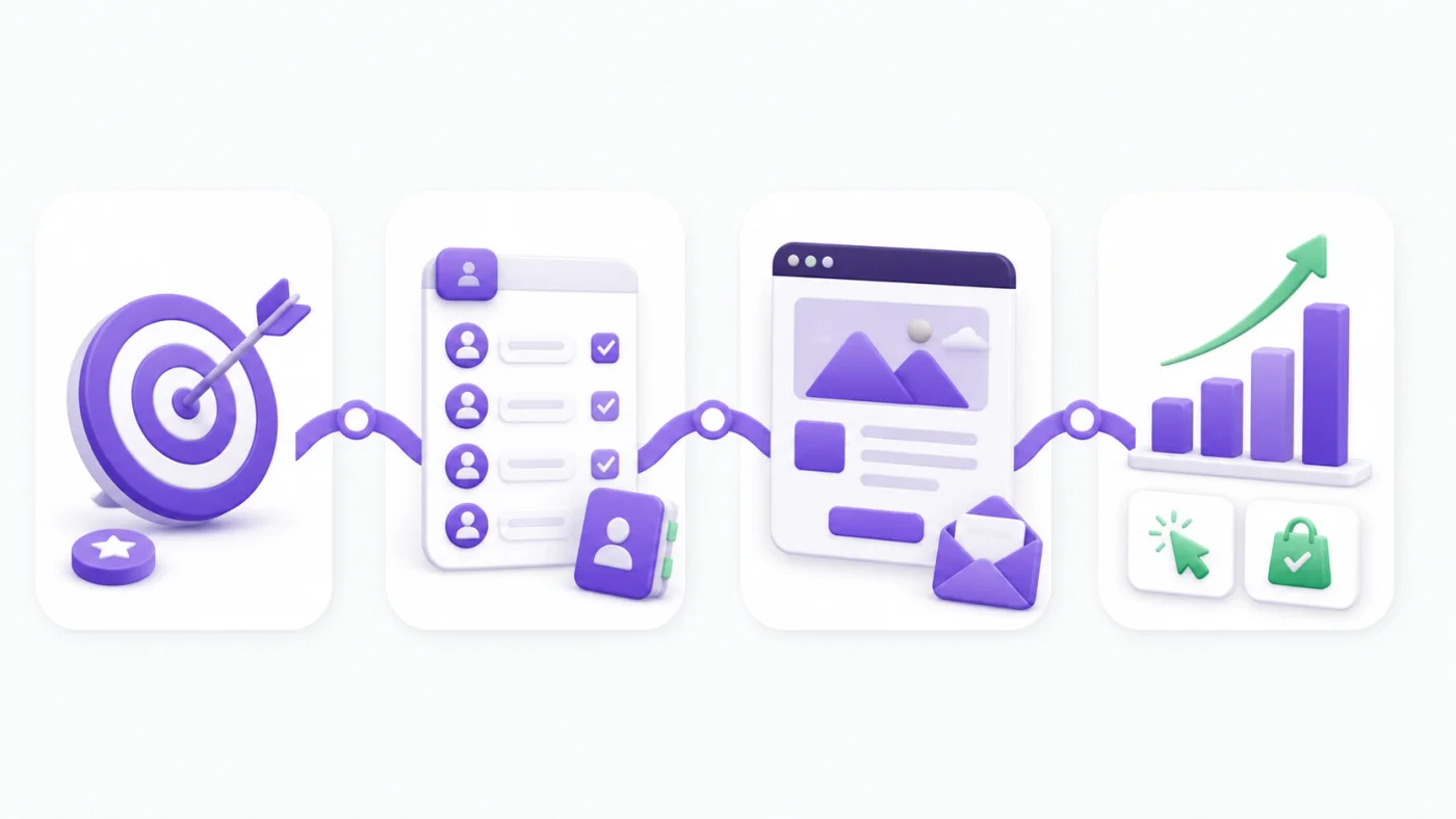 The four stages of a small-business email campaign: goal, contacts, email creation, and results analysis