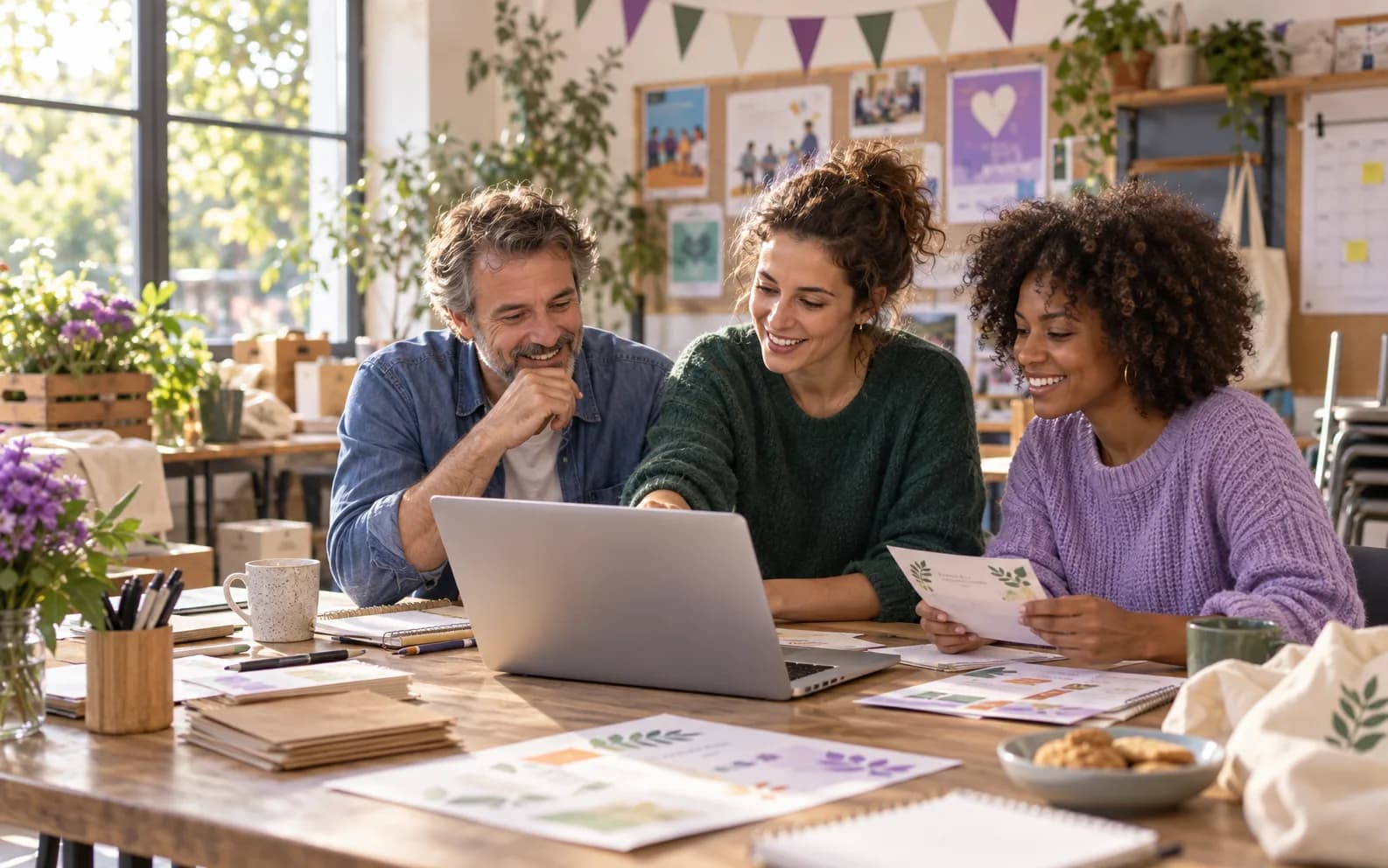 Bénévoles d’une association préparant une newsletter ensemble