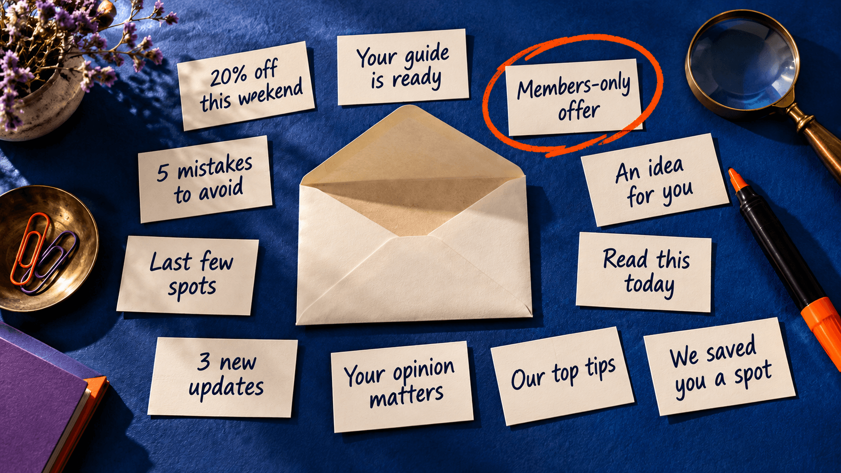 Editorial flat lay showing the selection of a newsletter subject line